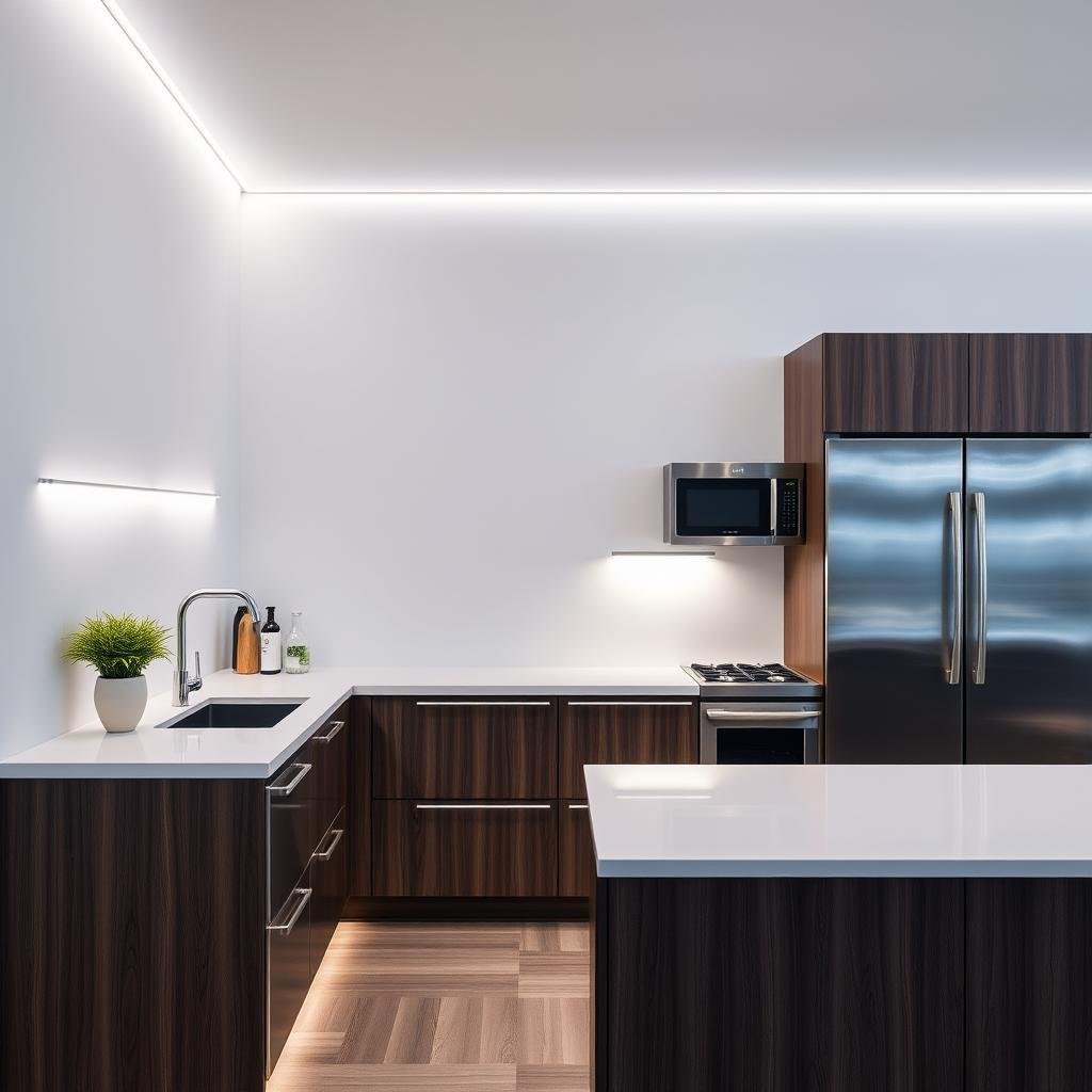 A sleek modern kitchen with wall-mounted LED strips in a matte finish, casting an ambient glow on the white quartz countertops and dark-stained wood cabinets, against a backdrop of gleaming stainless steel appliances.