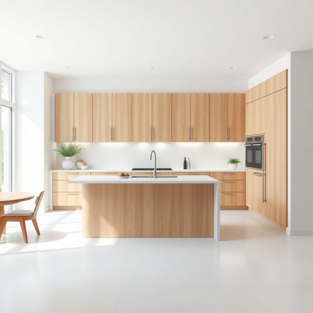 A minimalist kitchen with pristine white walls showcasing the natural beauty of light hickory cabinets.  Simple, linear lines define the space, punctuated by a large island with a waterfall edge countertop.  The overall aesthetic is clean, airy, and functional, with soft, natural light illuminating the scene.