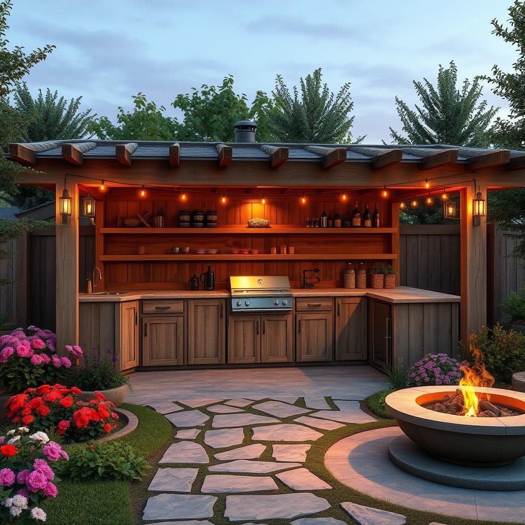A rustic, wooden outdoor kitchen with weathered cabinets and a distressed finish, surrounded by a lush garden with vibrant flowers and a meandering stone pathway, illuminated by warm string lights and a fire pit.