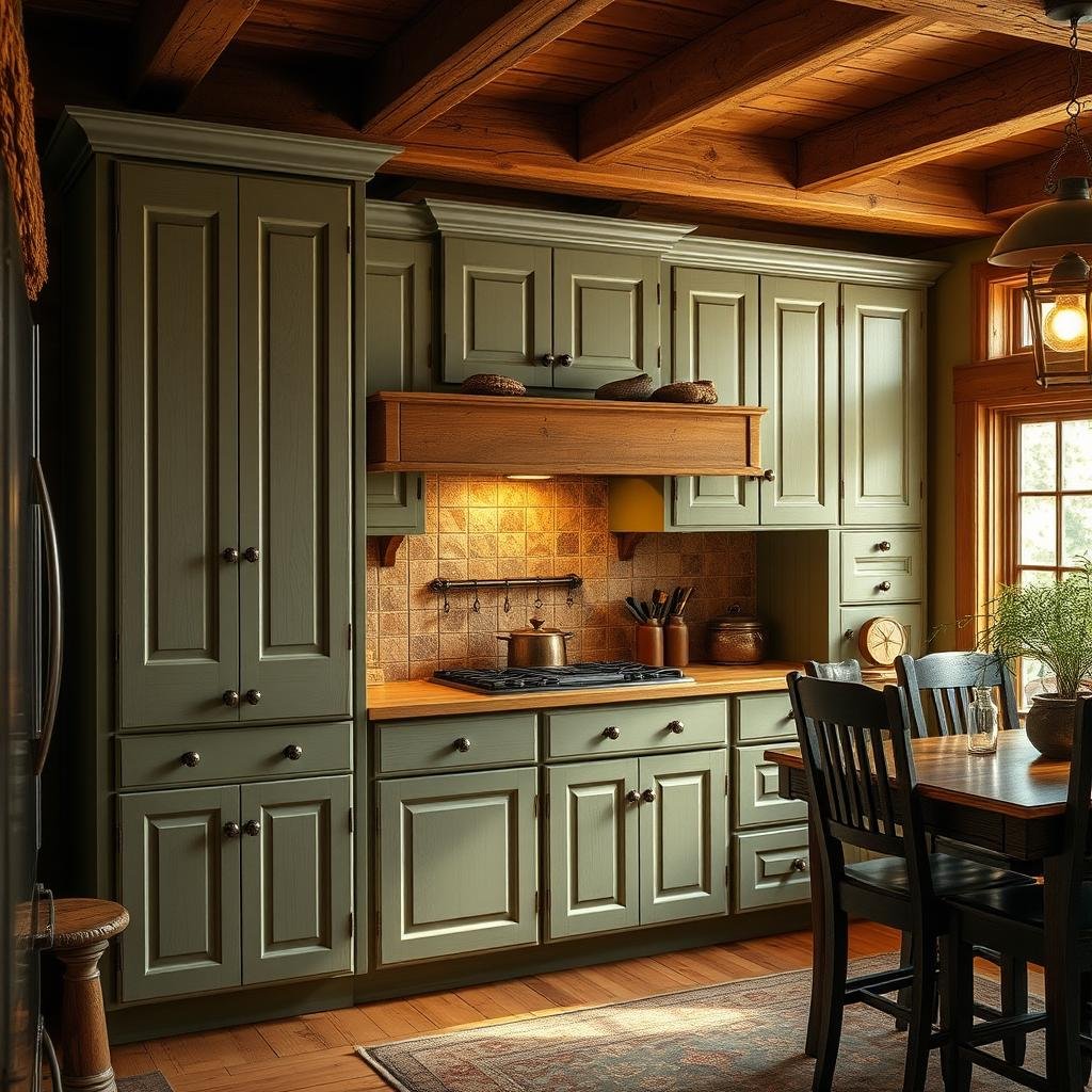 In a cozy, rustic setting, maple cabinets are painted a soft, muted green and adorned with ornate hardware. The room is bathed in warm, ambient lighting, casting a golden glow on the surrounding wooden beams.