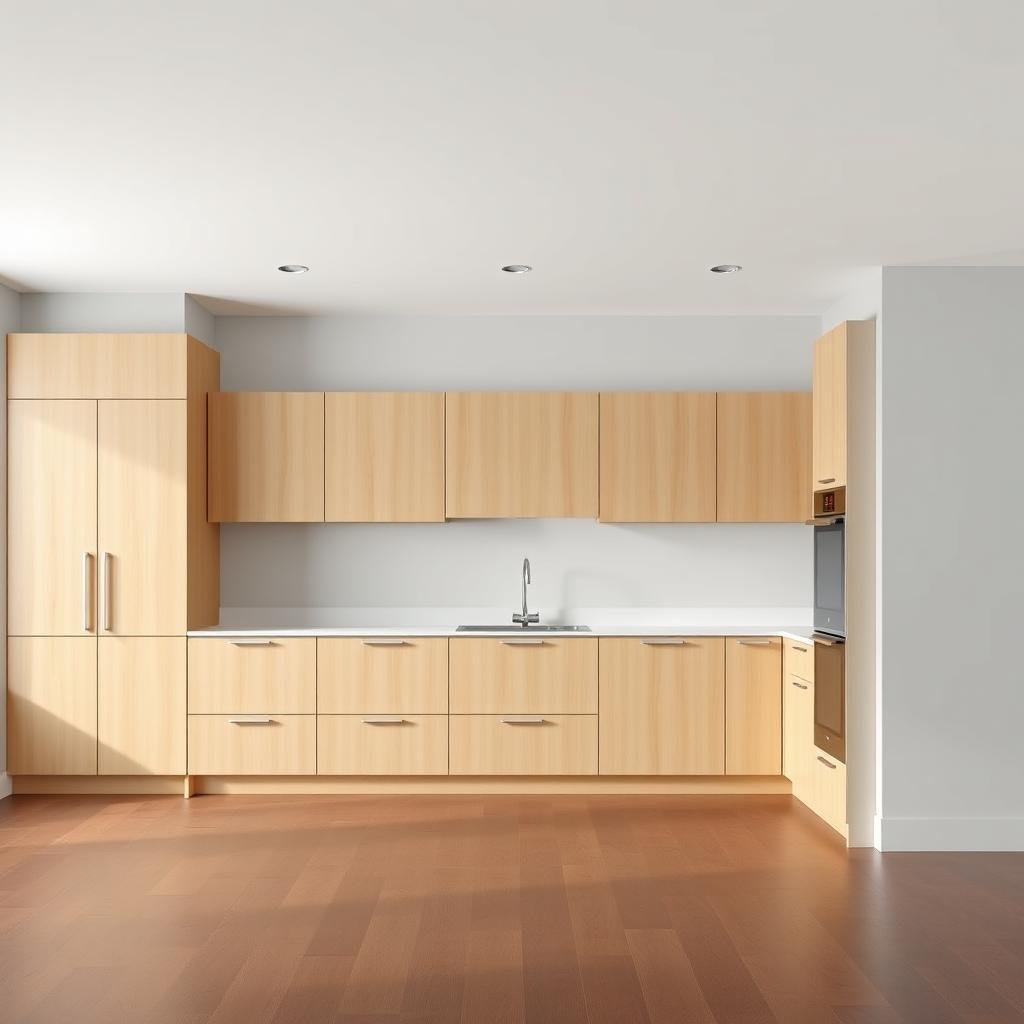 A minimalist kitchen showcases maple cabinets with a smooth, high-gloss finish and clean lines. The walls and ceiling are painted a soothing, pale gray, while the floor is made of polished, dark hardwood.