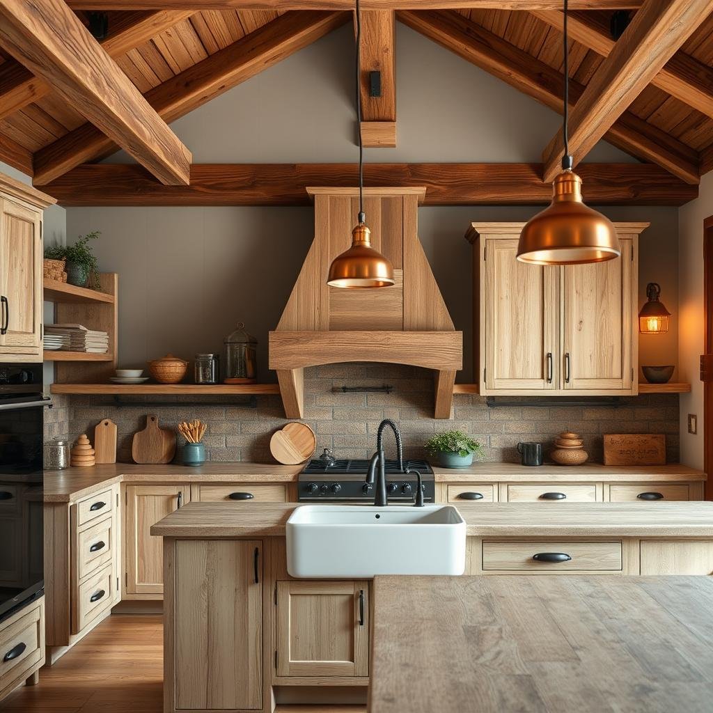 A rustic hickory kitchen with distressed cabinets, open shelving, and a large farmhouse sink.  Reclaimed wood beams add character to the high ceiling, while copper pendants provide warm, focused lighting.  The overall feeling is charming, lived-in, and inviting.