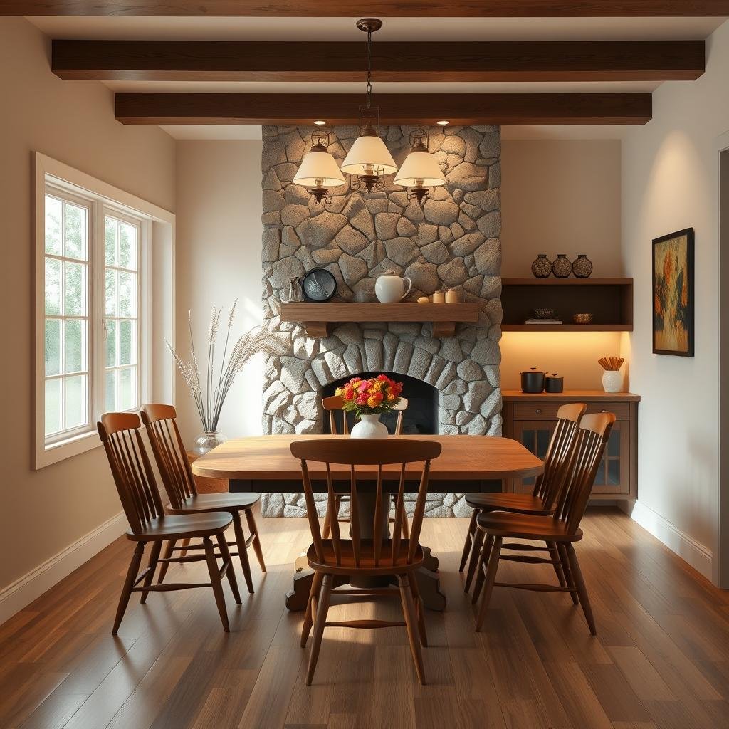 A cozy breakfast nook with a wooden kitchen table and matching chairs, surrounded by soft, warm lighting and a natural stone fireplace, creating a welcoming atmosphere.