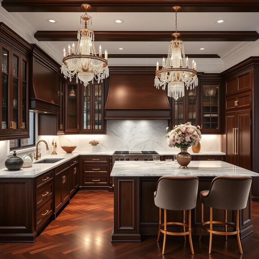 An elegant hickory kitchen with dark stained cabinets, polished marble countertops, and gold accents.  Crystal chandeliers cast a glamorous glow over the space, while plush velvet bar stools add a touch of luxury.  The scene is sophisticated and opulent.