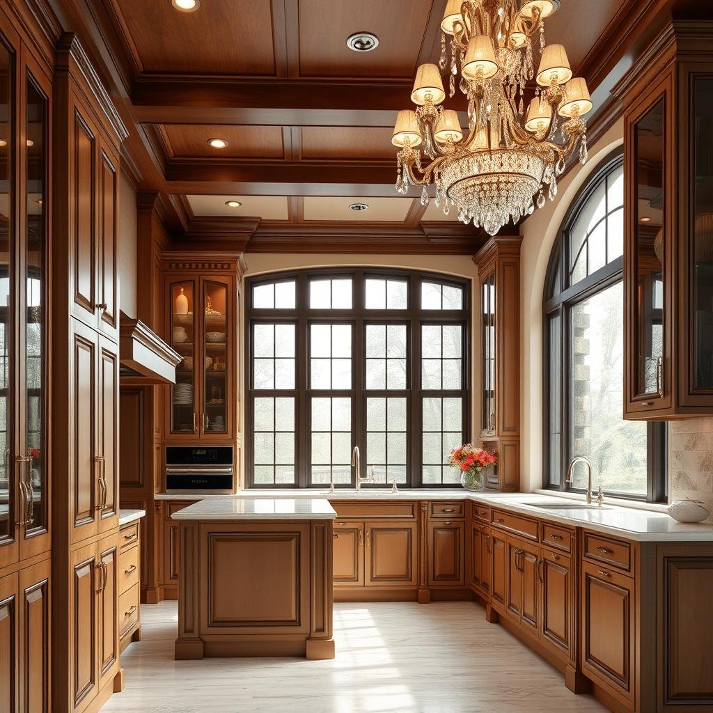 In a luxurious, elegant space, maple cabinets are paired with rich, dark wood accents and ornate, crystal-encrusted hardware. The room is lit by a stunning chandelier and features a stunning, floor-to-ceiling glass window.