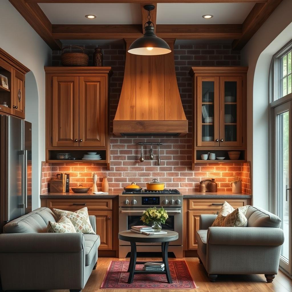 A cozy hickory kitchen with honey-toned cabinets, a brick backsplash, and a vintage-style range hood.  Soft, warm lighting creates a welcoming atmosphere, while comfortable seating encourages conversation and gathering.  The overall aesthetic is rustic-chic and inviting.