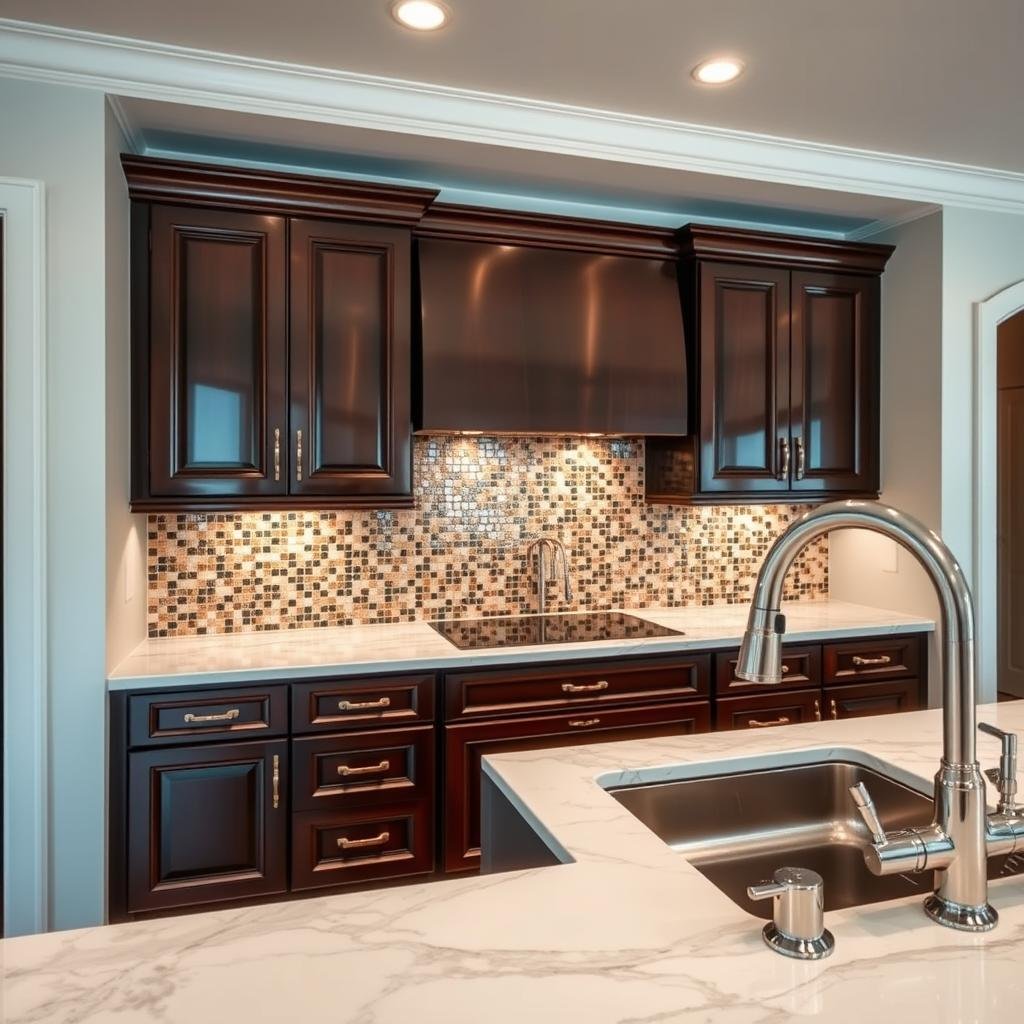 A glamorous, high-end kitchen showcases a stunning mosaic backsplash behind a row of glossy, dark-stained cabinets with ornate hardware, surrounded by polished marble countertops and gleaming chrome fixtures.