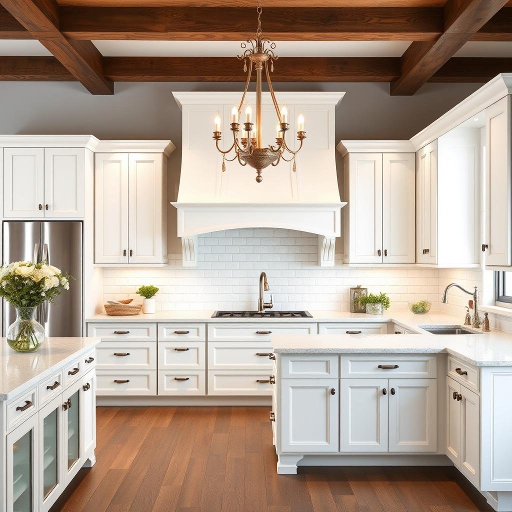 A farmhouse kitchen with a touch of elegance incorporates high-gloss, white lacquer cabinets with ornate hardware and a statement chandelier.