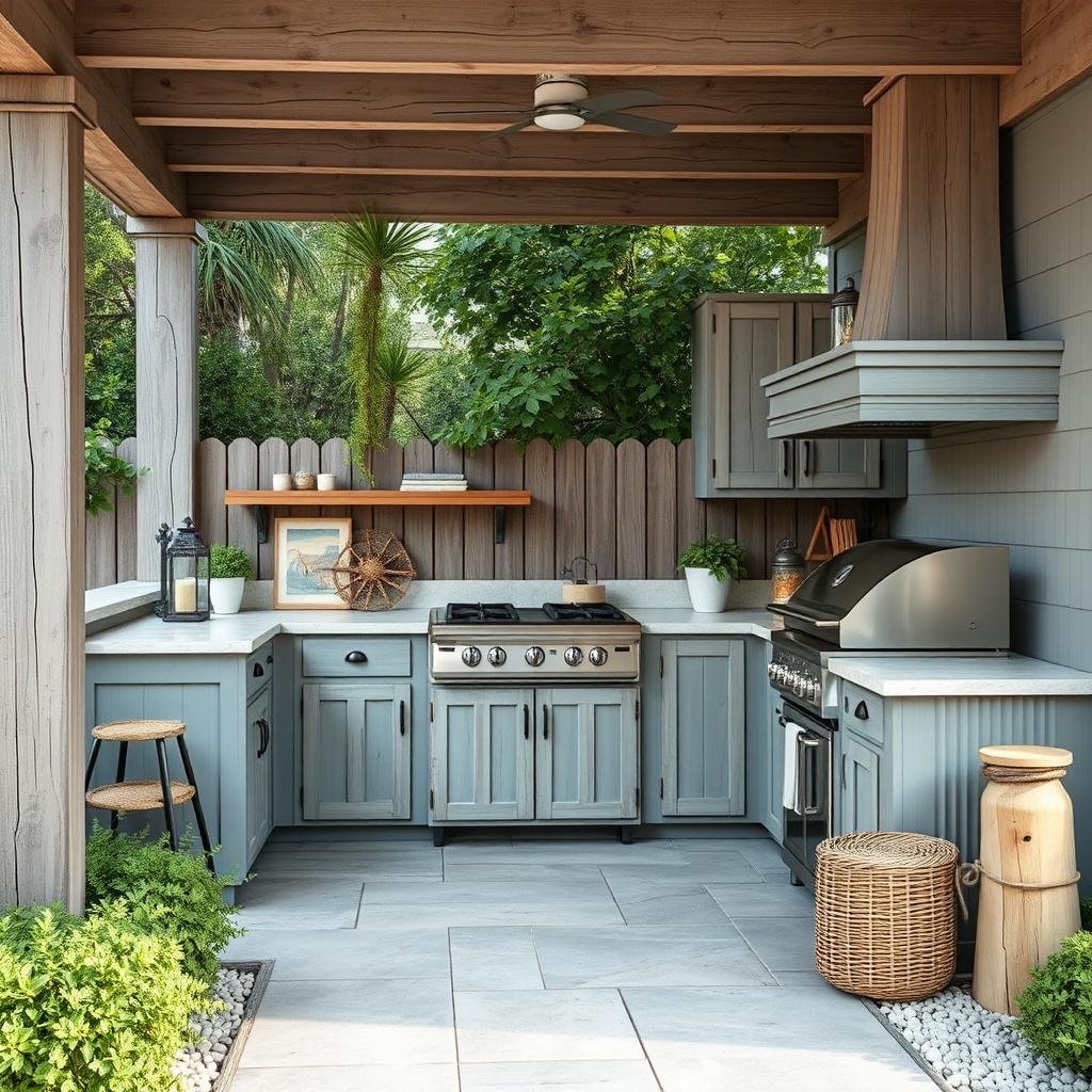 A beach-inspired outdoor kitchen with weathered, driftwood-gray cabinets and a distressed finish, surrounded by a lush, coastal garden with beachy, nautical accents and a built-in, gas-fueled grill.
