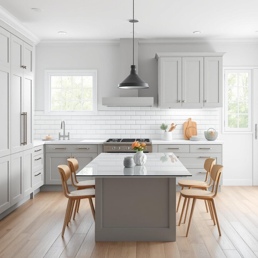 A gray kitchen with a Scandinavian twist features light, airy, and minimalistic design, with clean-lined, matte-finish cabinets, a white, subway-tiled backsplash, and a large, glass-topped table.