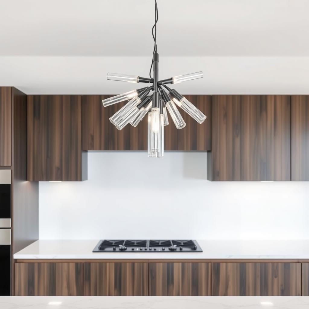 A modern kitchen with a unique light fixture made from a series of connected glass tubes, suspended above a quartz countertop and dark-stained wood cabinets, against a backdrop of sleek white walls.