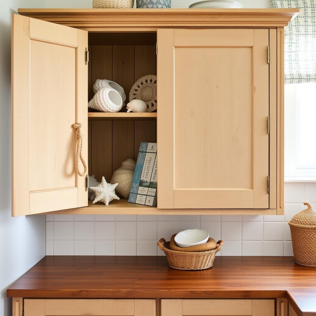 In a beachy kitchen, a distressed wood cabinet with a natural finish and rope handles holds a collection of seashells and nautical-themed cookbooks.