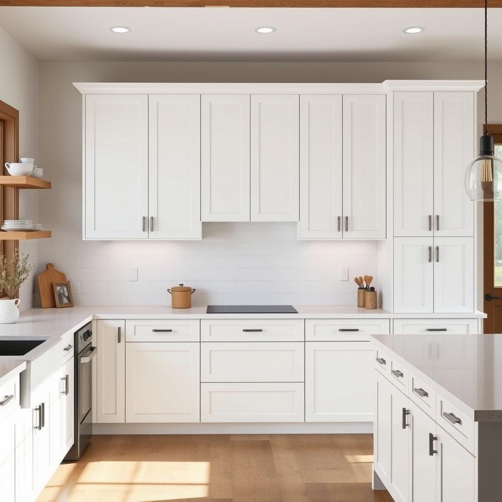 A modern farmhouse kitchen with a minimalist aesthetic features a range of flat-panel cabinets in a crisp, white finish and minimalist hardware.