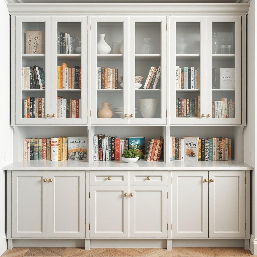 Soft grey cabinets with frosted glass doors showcase a collection of beautifully arranged cookbooks, creating a visually appealing and functional display.