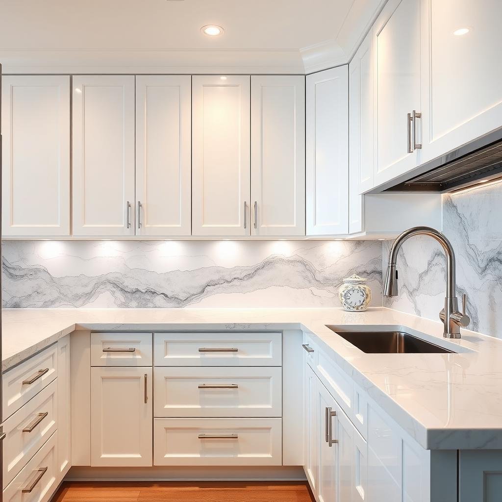 A luxurious, high-end kitchen features a stunning, hand-painted backsplash behind a row of glossy, white cabinets with soft-close drawers, paired with a high-gloss, quartz countertop and gleaming, polished nickel fixtures.