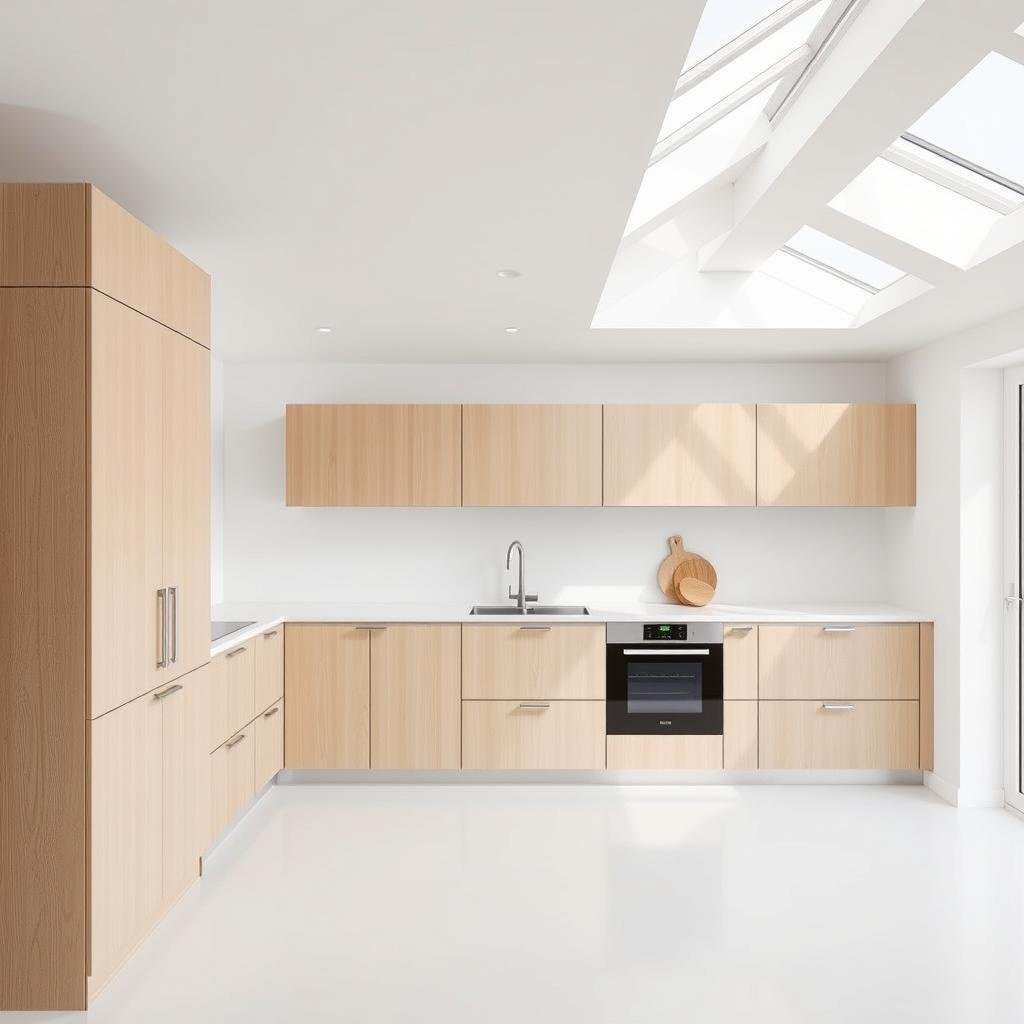 A minimalist, Scandinavian-style kitchen features maple cabinets with a sleek, low-profile design and a soft, matte finish. The surrounding walls and floor are painted a crisp, white, while the room is lit by a series of natural, skylights.