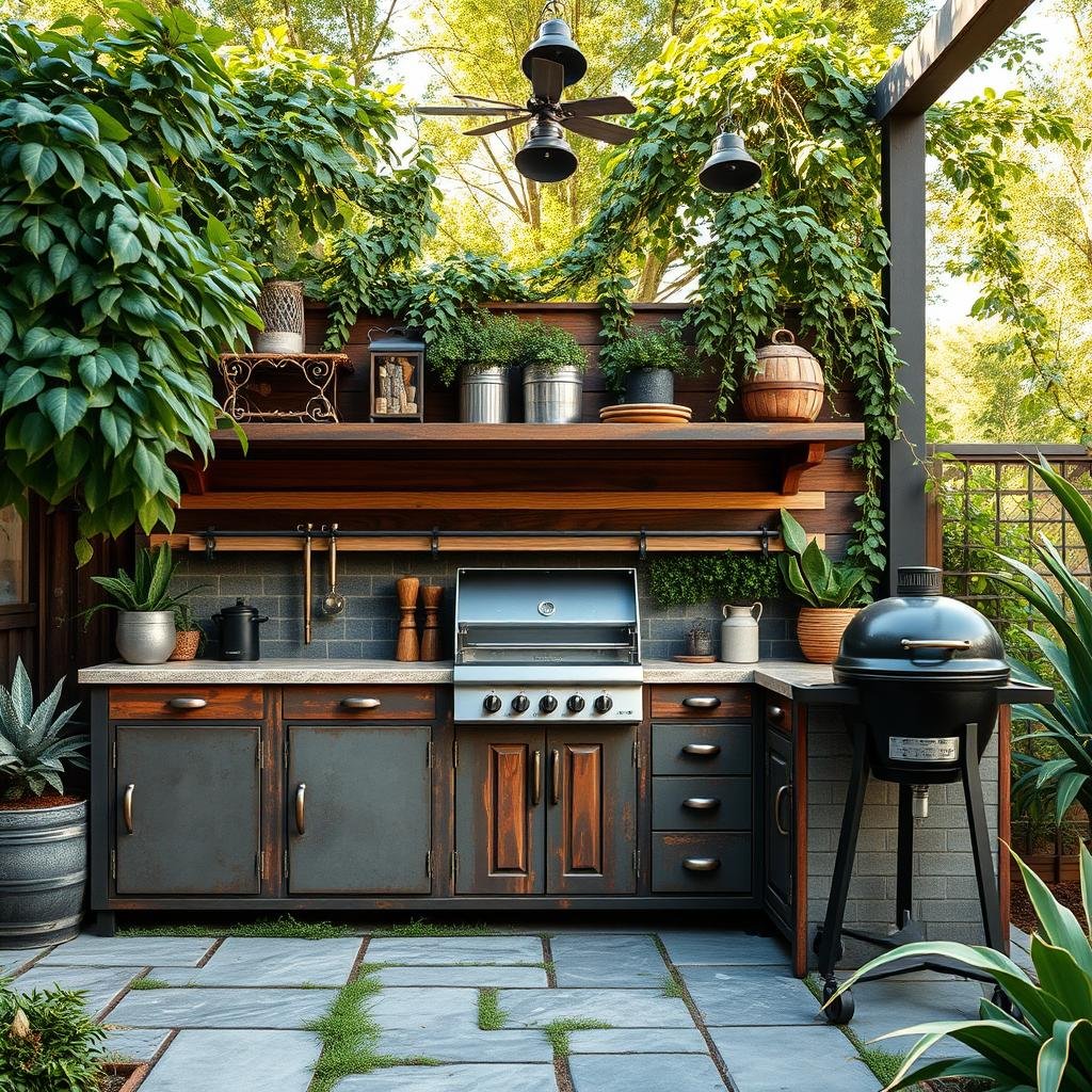 A vintage, industrial-inspired outdoor kitchen with metal, reclaimed cabinets and a distressed finish, surrounded by a lush, green oasis with industrial-chic accents and a built-in, charcoal grill.