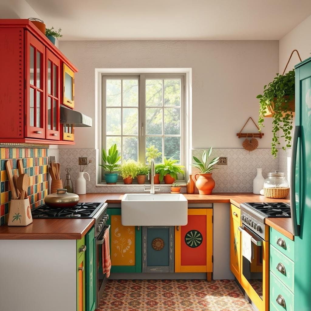 A whimsical, bohemian kitchen with colorful, hand-painted cabinets, a vibrant, mosaic-tiled backsplash, and a lush, greenery-filled window box, capturing the essence of a free-spirited, artistic space.