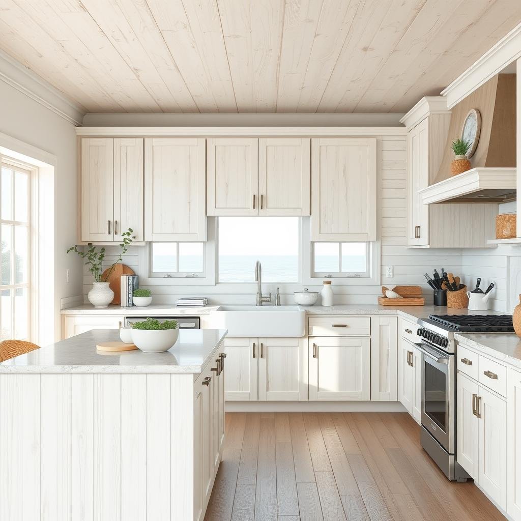 A beach-style hickory kitchen with light-colored cabinets and whitewashed wood accents.  The overall ambiance is relaxed and airy, reflecting the coastal setting.  The scene features light and airy decor.