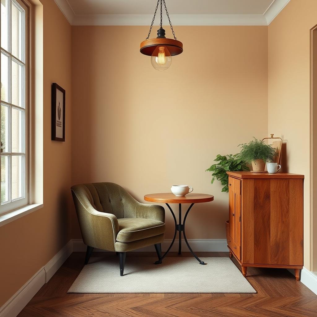 A cozy, corner coffee nook with a plush, velvet-upholstered armchair, a wooden cabinet in a warm, honey-toned finish, and a vintage-style, ceramic pendant light suspended above.