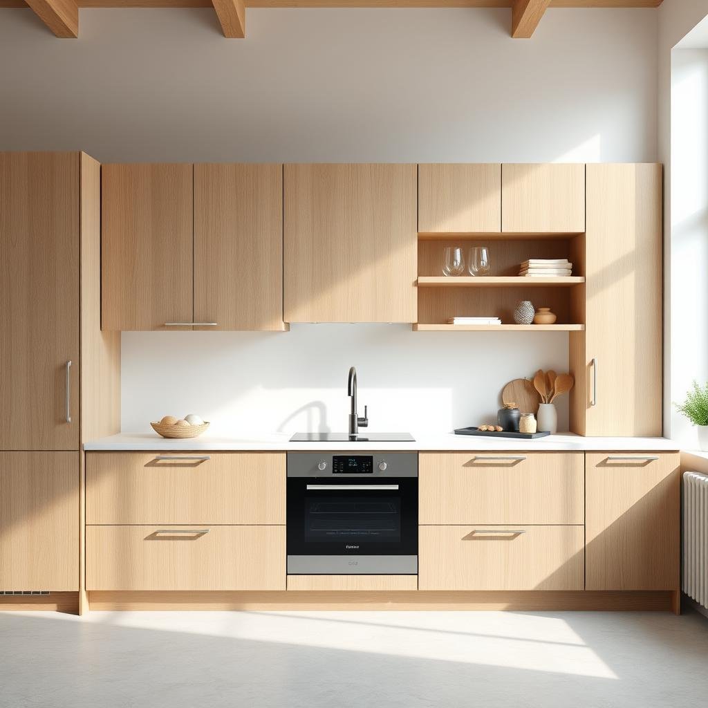 A minimalist, Scandinavian-inspired kitchen with light-wood cabinets, a simple, white countertop, and a subtle, natural light, highlighting the beauty of simplicity and restraint.