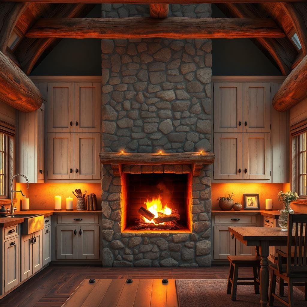 A rustic, cabin-style kitchen with white, wood-grain cabinets, a large, stone-faced fireplace, and a cozy, inviting atmosphere, illuminated by soft, warm lighting from candles and a crackling fire.