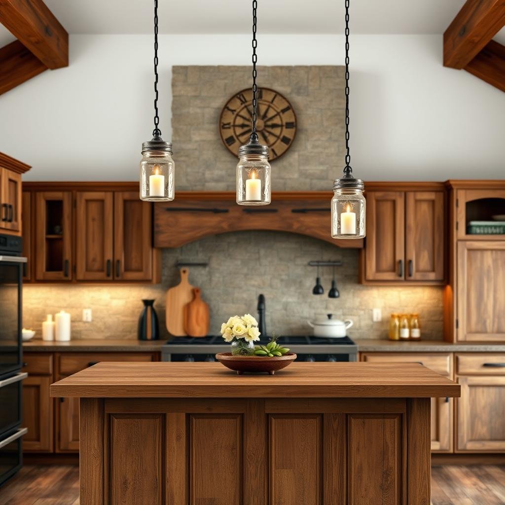 A rustic kitchen with pendant lights made from Mason jars filled with candles, suspended above a wooden island with a distressed finish, surrounded by earthy-toned wooden cabinets and a natural stone backsplash.