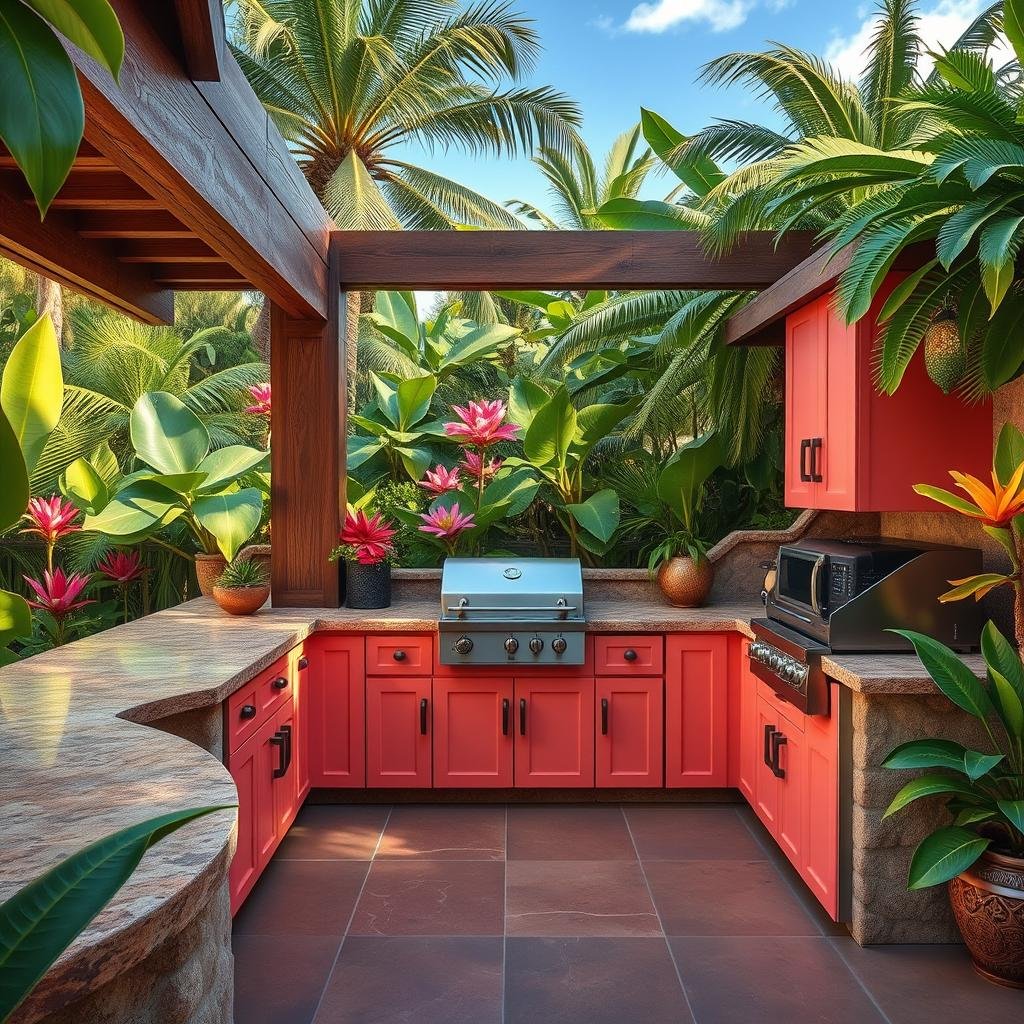 A tropical, Hawaiian-inspired outdoor kitchen with bright, coral-colored cabinets and ornate, wooden hardware, set against the backdrop of a lush, jungle-like garden with exotic, flowering plants and a built-in, gas-fueled grill.