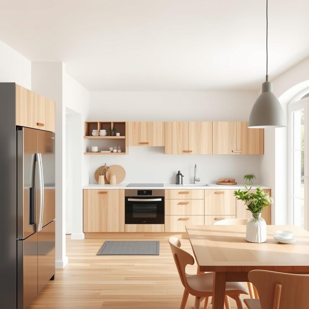 A Scandinavian-style hickory kitchen with light hickory cabinets and white walls.  Minimalist decor and natural materials create a clean, calming atmosphere.  The scene is bright and airy, with ample natural light.