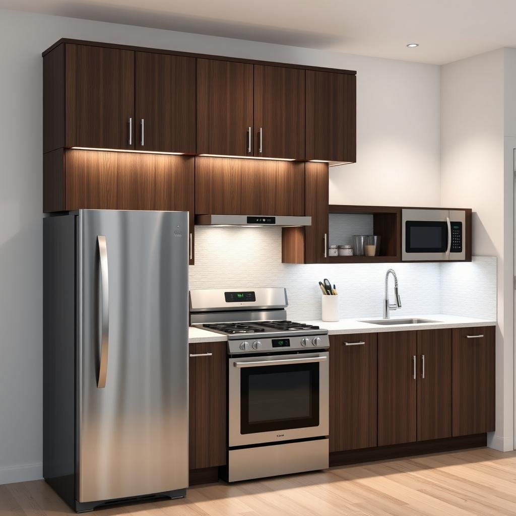 A modern kitchen with under-cabinet LED lighting, illuminating the dark-stained wood cabinets and stainless steel appliances, against a backdrop of crisp white walls and a neutral-toned backsplash.