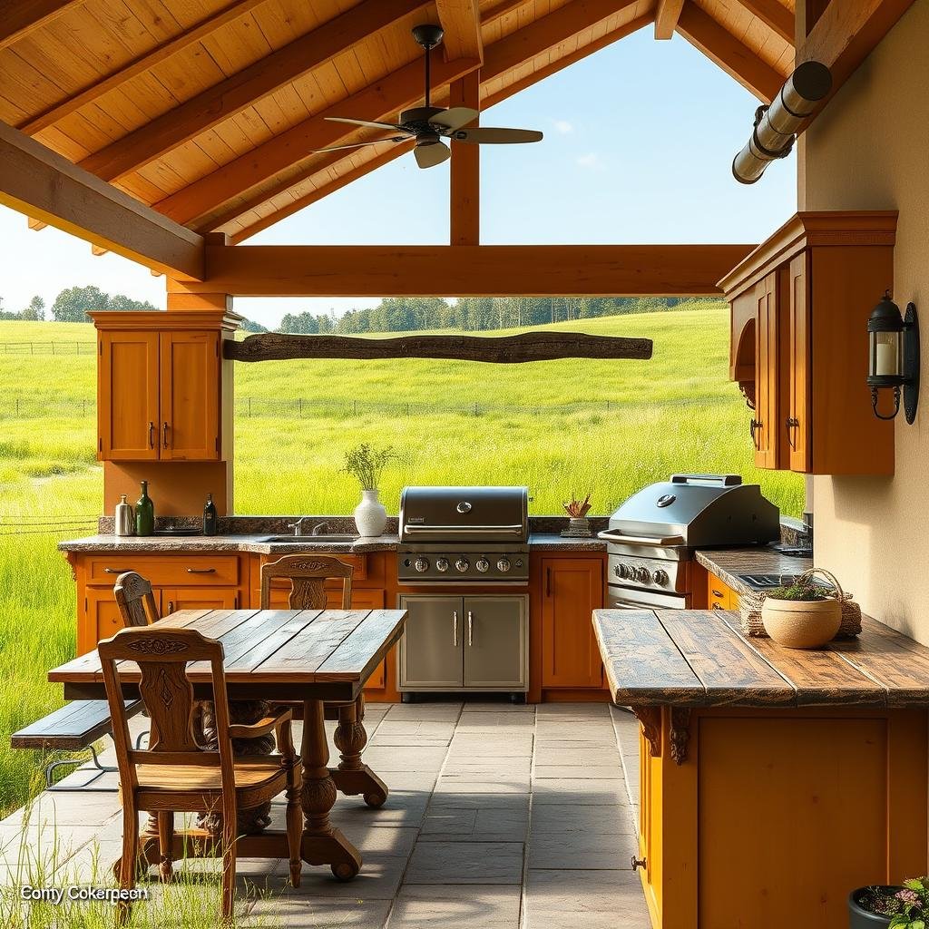 A traditional, country-inspired outdoor kitchen with warm, honey-colored cabinets and ornate, wooden hardware, surrounded by a lush, green meadow with a rustic, wooden dining table and a built-in, charcoal grill.