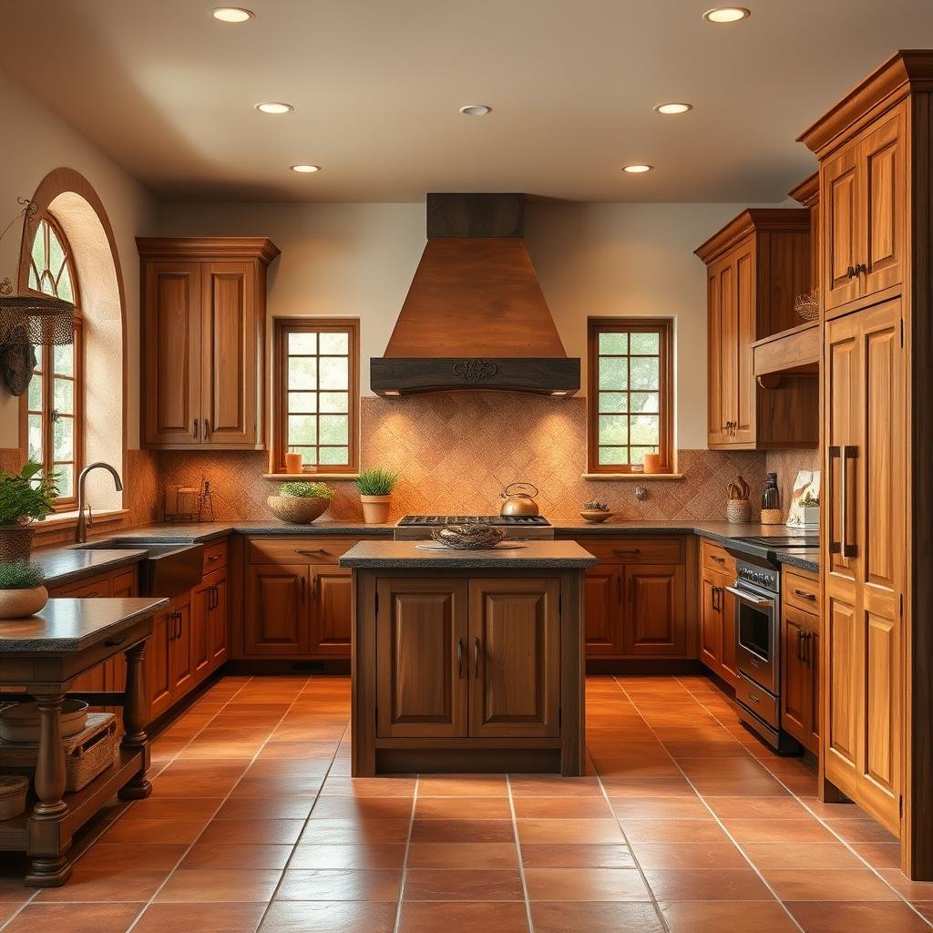 A Mediterranean-style hickory kitchen with warm-toned hickory cabinets and terracotta tile flooring.  The scene features warm, inviting lighting and rustic accents.