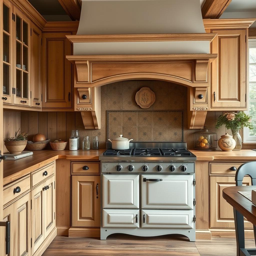 A charming, French-inspired kitchen with distressed wood cabinets, ornate metal hardware, and a large, ceramic range, surrounded by warm, golden tones and natural textures.
