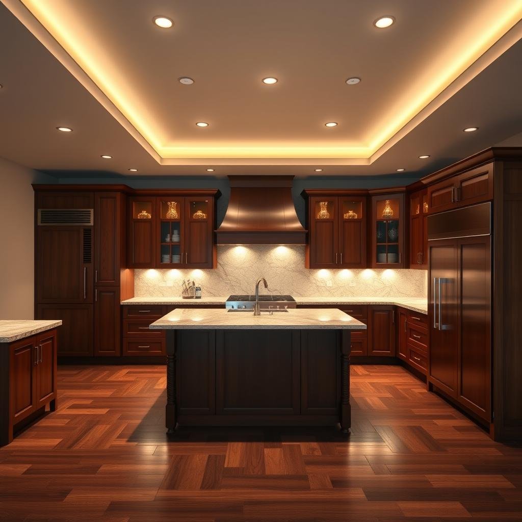 A luxurious kitchen with recessed lighting, casting an ambient glow on the richly stained wood cabinets and gleaming marble countertops, against a backdrop of dark-stained hardwood floors.