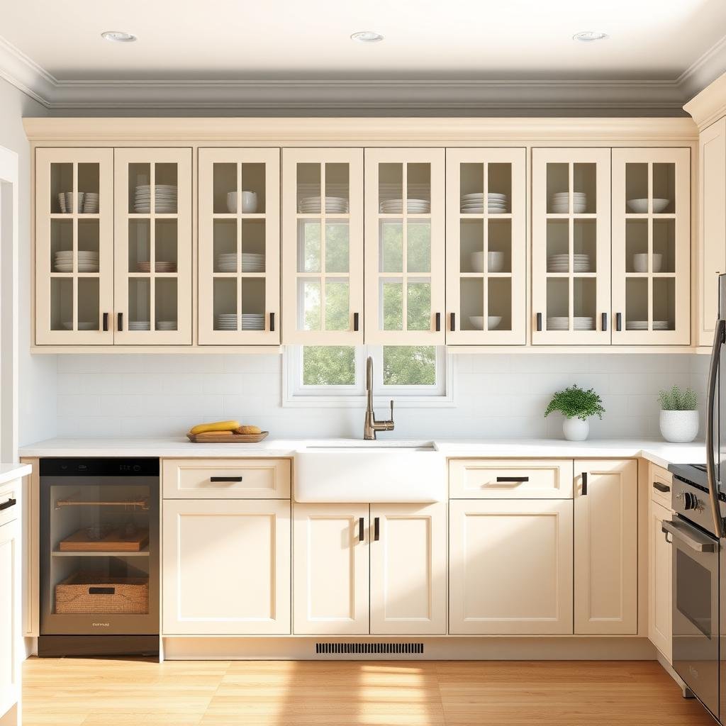 A modern farmhouse kitchen with a touch of sophistication features a range of glass-front cabinets with clean lines, minimalist hardware, and a neutral palette.