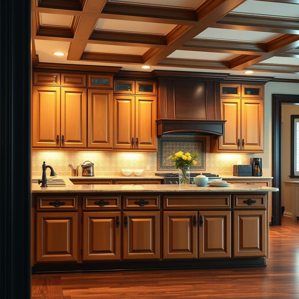 In a traditional, classic setting, maple cabinets are paired with ornate, carved door handles and a rich, dark wood trim. The room is filled with warm, ambient lighting and features a beautiful, coffered ceiling.