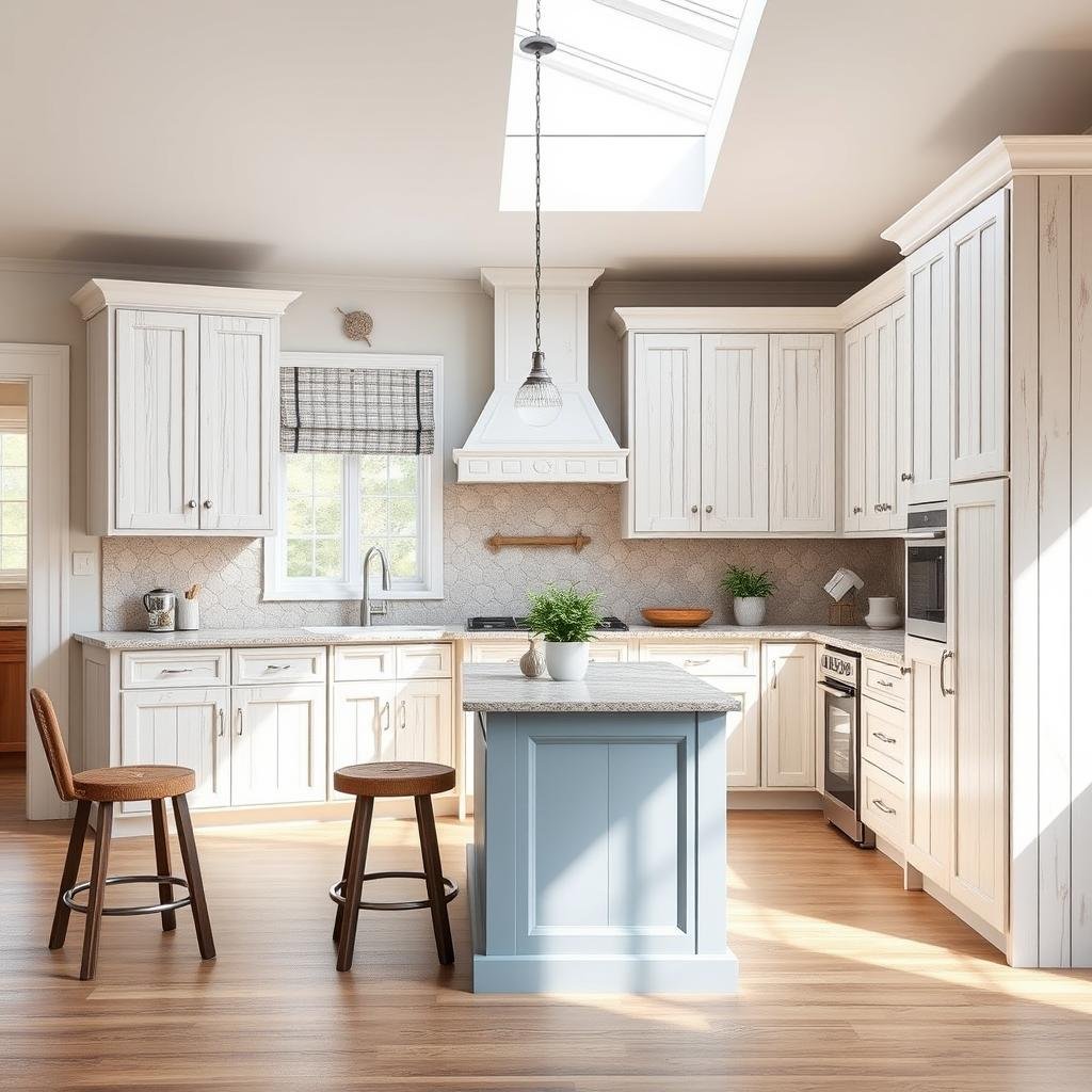 A charming, coastal-inspired kitchen features a crisp white cabinet with a weathered wood finish, paired with a soft blue island and a natural stone backsplash, all bathed in the warm light of a skylight.