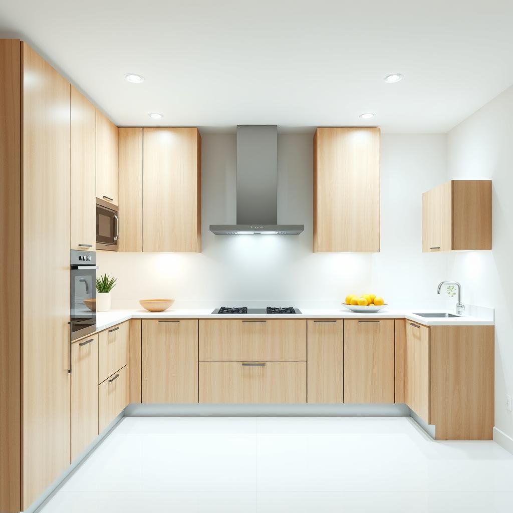 A modern, minimalist kitchen features maple cabinets with a sleek, low-profile design and a soft, matte finish. The surrounding walls and floor are painted a crisp, white, while the room is lit by a series of recessed, LED lights.