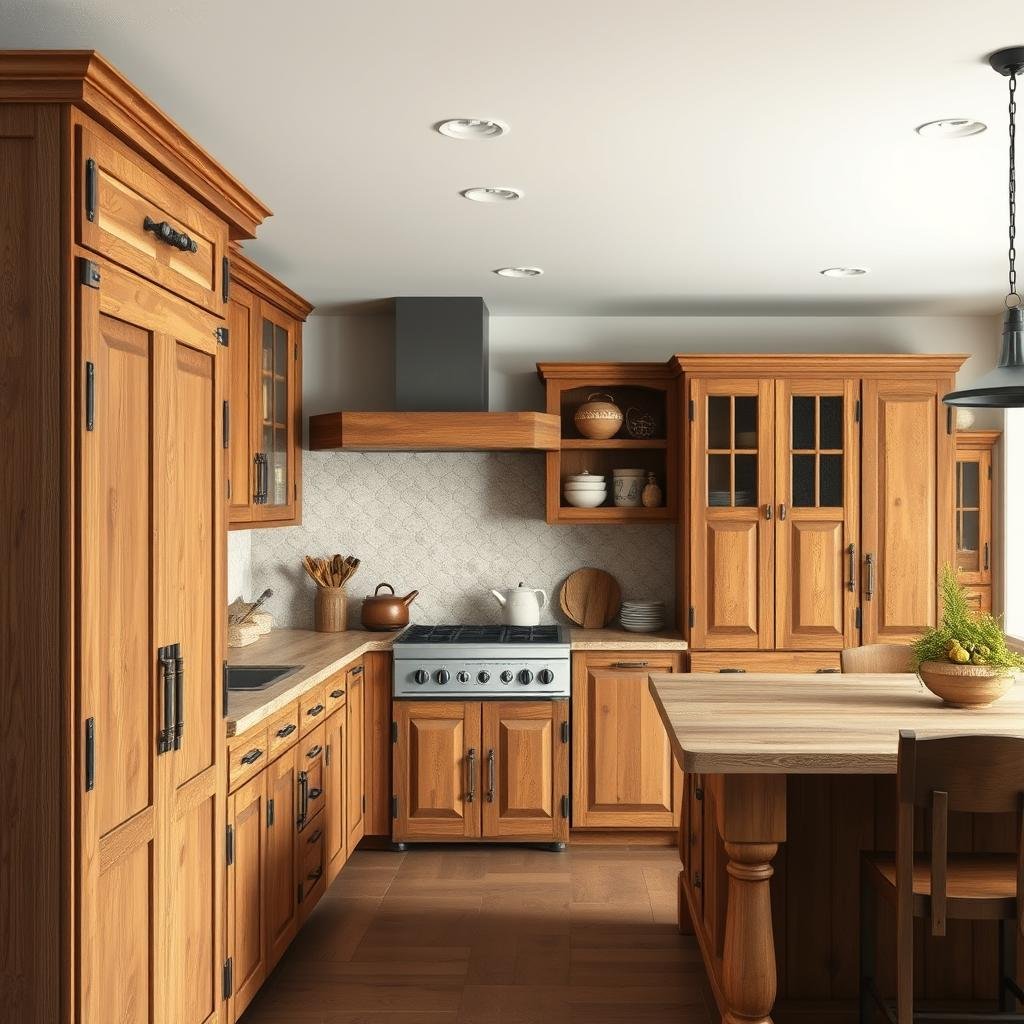 A rustic, country-style kitchen with a focus on natural materials features a collection of wooden cabinets with a weathered finish and rustic hardware.