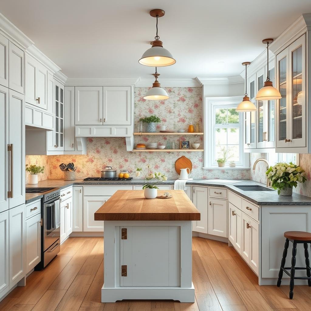 A charming, cottage-style kitchen with white, distressed-finish cabinets, a large, wooden island, and a delightful, floral-patterned backsplash, illuminated by soft, warm lighting from pendant lamps.