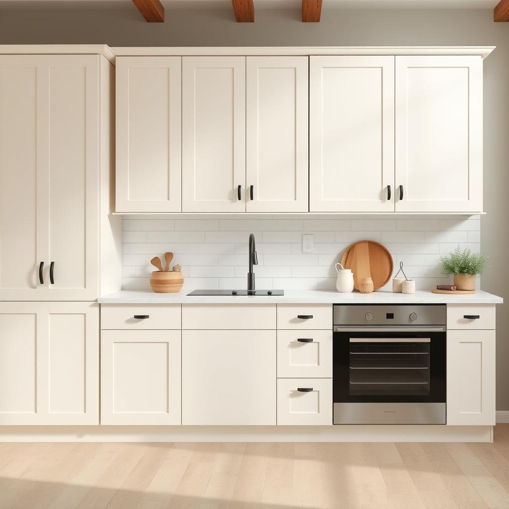 A minimalist farmhouse kitchen with a focus on simplicity features a range of flat-panel cabinets in a soft, creamy white finish and minimalist hardware.