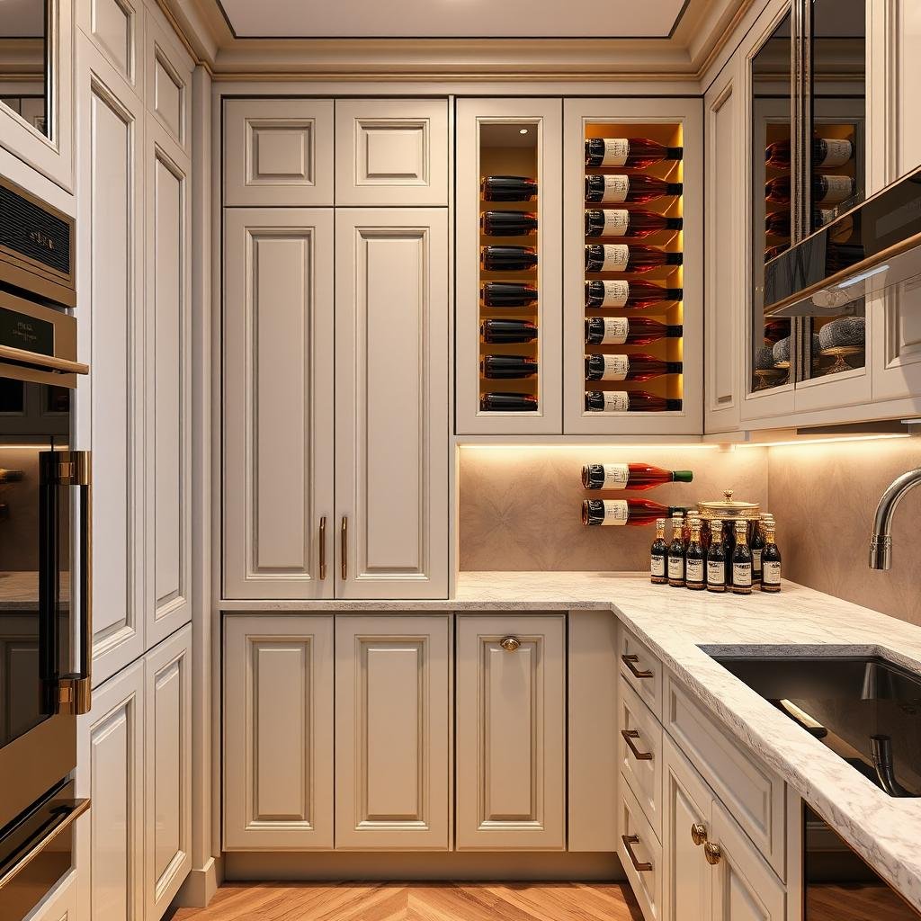 A small, high-end kitchen features a custom cabinet with a luxurious, high-gloss finish, ornate hardware, and a stunning, floor-to-ceiling wine rack.