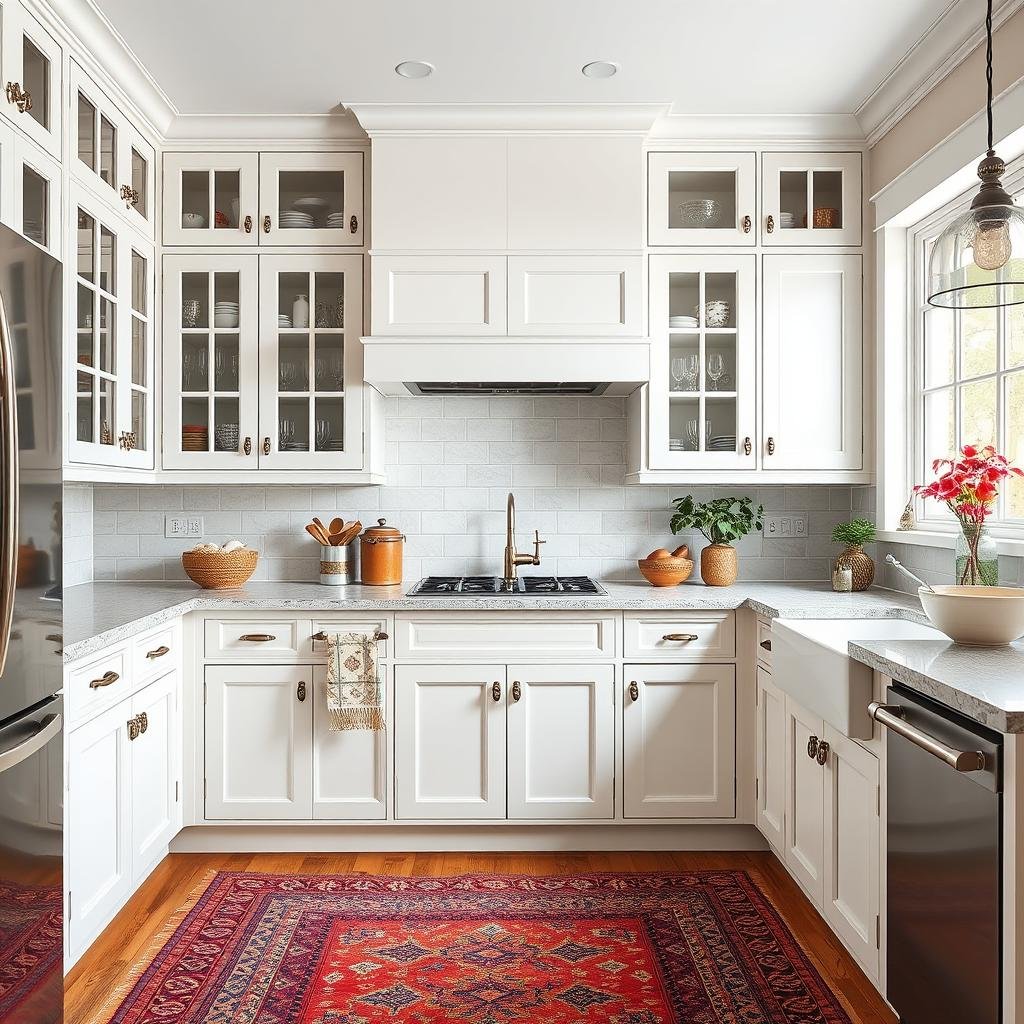 A farmhouse kitchen with a touch of bohemian flair incorporates a collection of glass-front cabinets with ornate, metallic hardware and a colorful, eclectic rug.