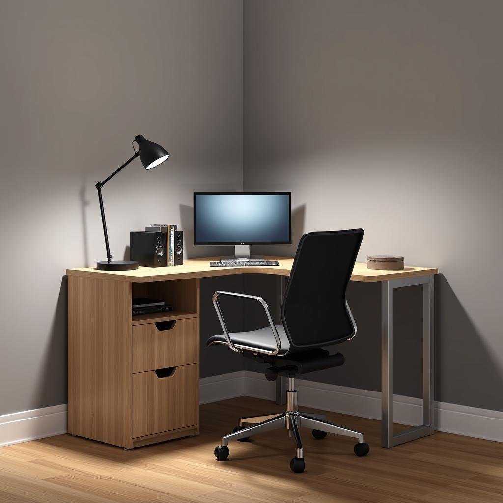 A functional, corner desk setup with a compact, laminate cabinet in a neutral color, accompanied by an ergonomic chair and a sleek, LED-lit desk lamp, perfect for a home office or study.