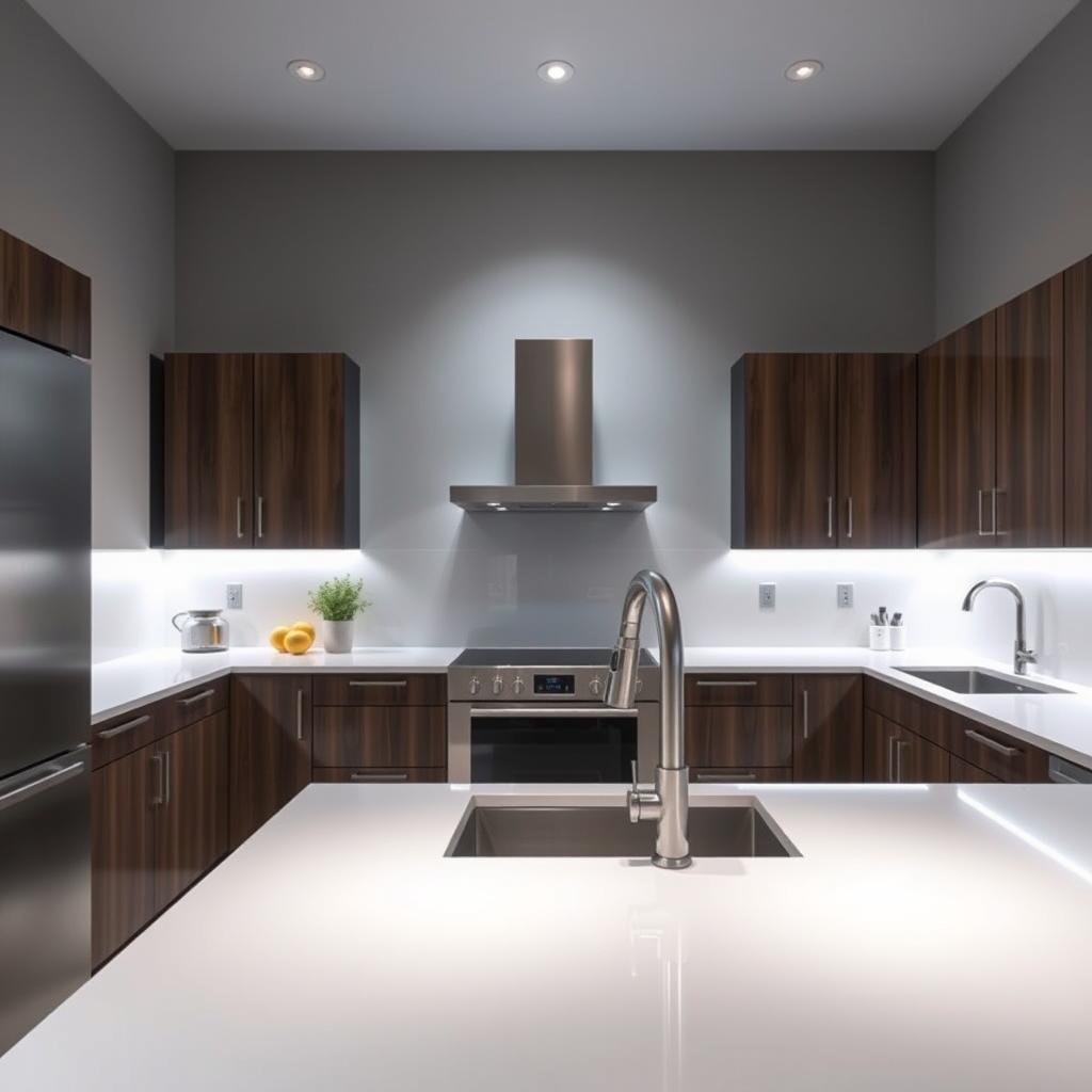 A modern kitchen with ambient LED lighting, casting an ethereal glow on the gleaming white countertops and dark-stained wood cabinets, against a backdrop of sleek gray walls.