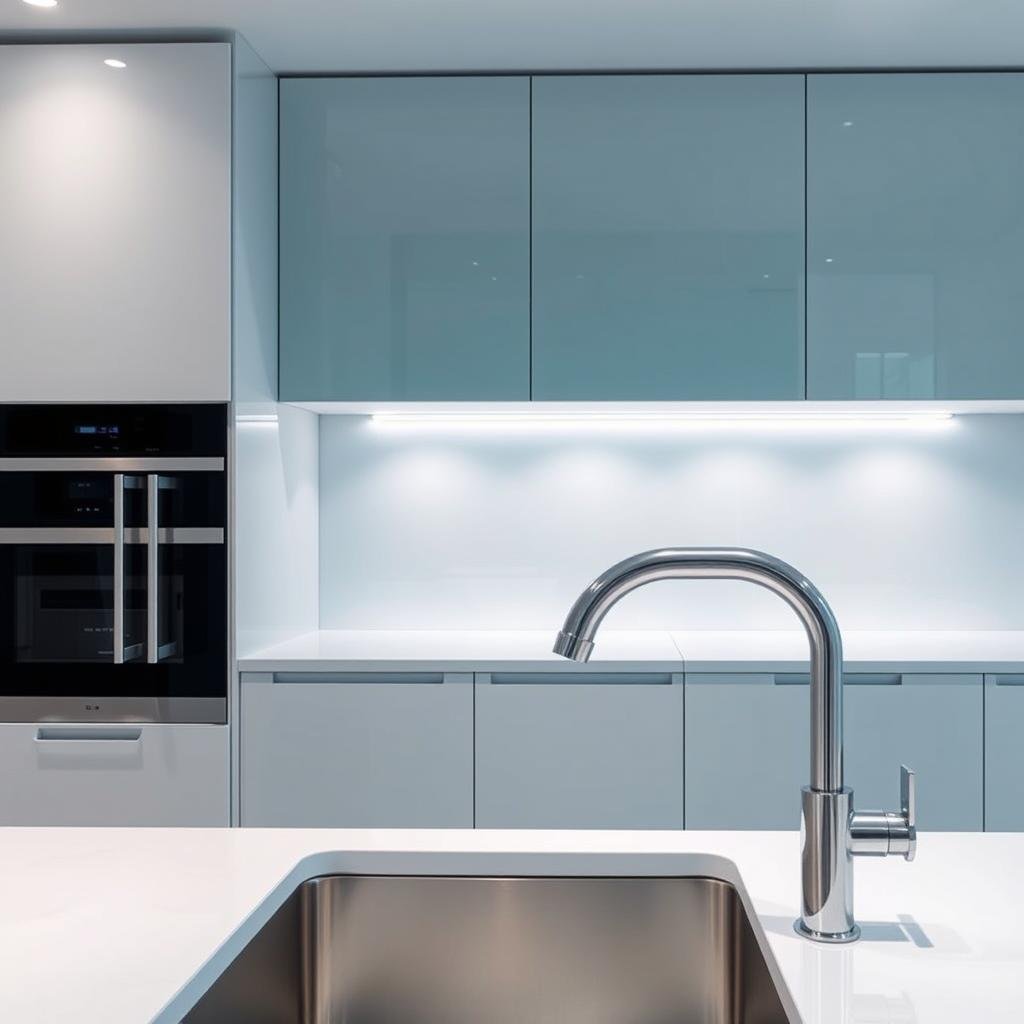 A sleek, high-tech kitchen with glass-front cabinets, a metallic, LED-lit display shelf, and a futuristic, motion-sensing faucet, showcasing cutting-edge design and innovation.