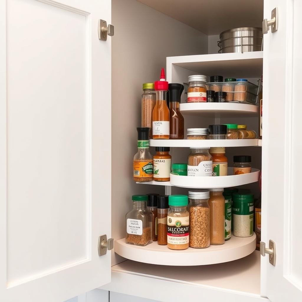 A bright white cabinet with a lazy susan reveals a collection of frequently used spices and condiments, easily accessible and always within reach.