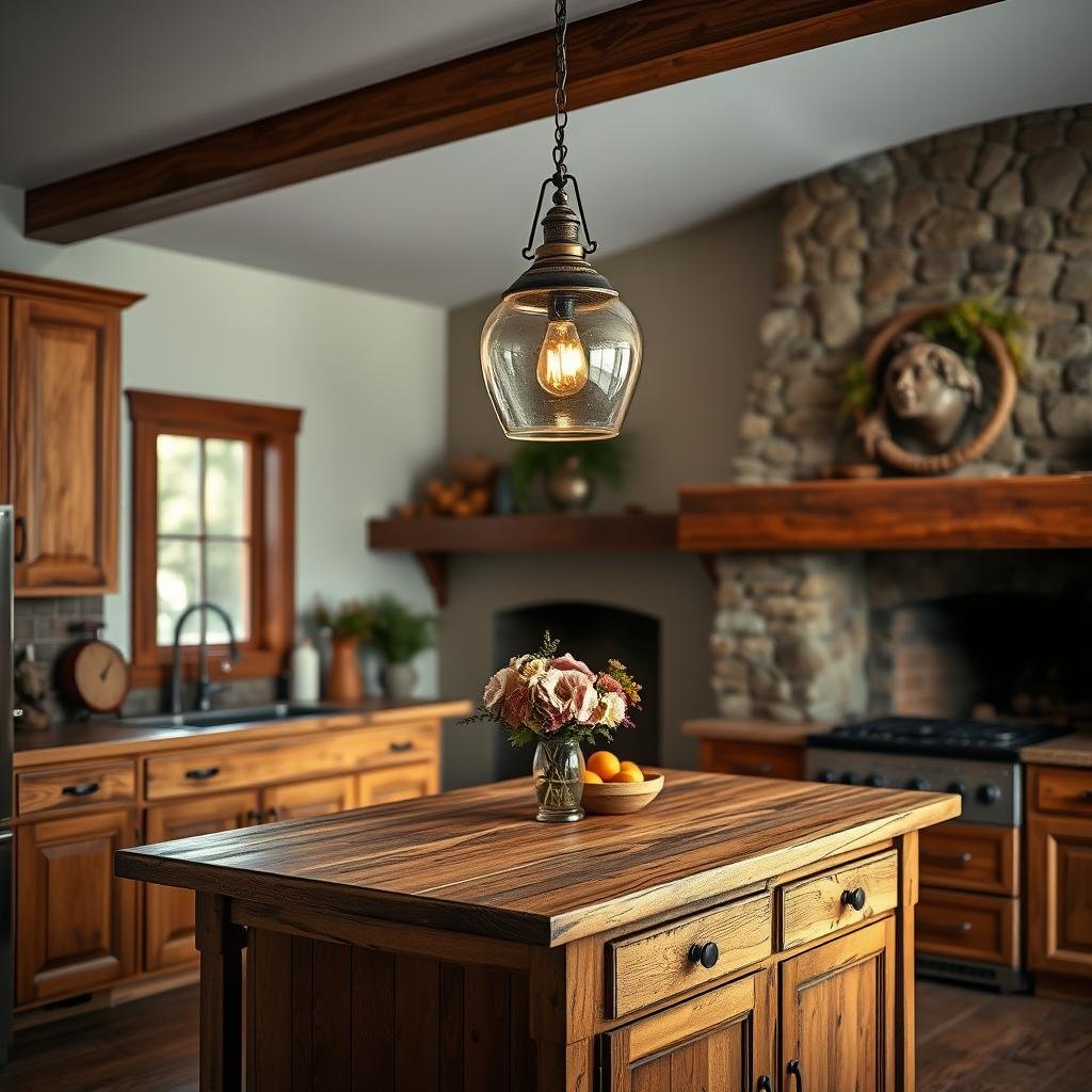 A cozy kitchen with a pendant light made from a vintage glass shade, suspended above a wooden island with a distressed finish, surrounded by warm-toned wood cabinets and a natural stone fireplace.