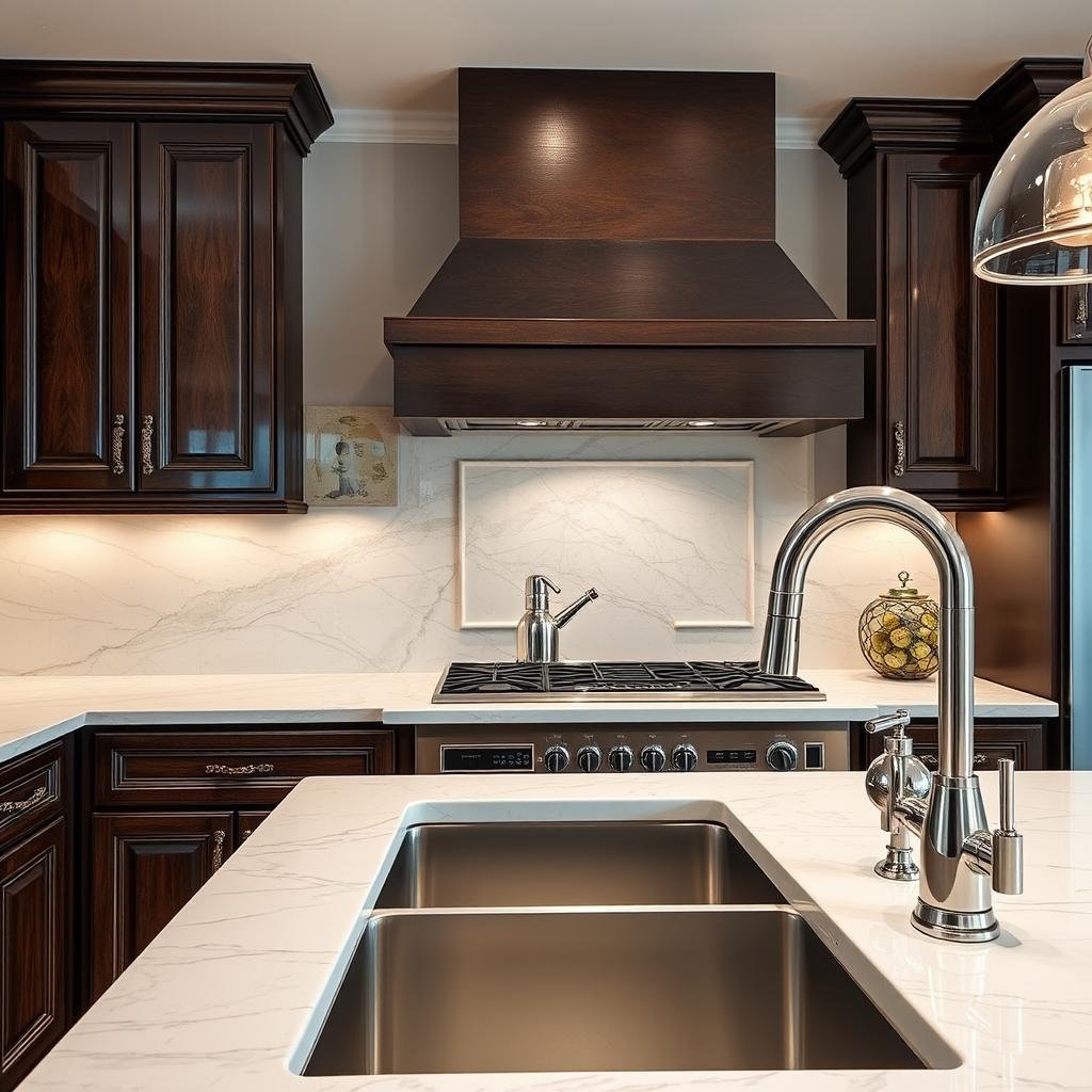 A luxurious, high-end kitchen features a stunning, hand-painted backsplash behind a row of glossy, dark-stained cabinets with ornate hardware, paired with a high-gloss, quartz countertop and gleaming, polished nickel fixtures.