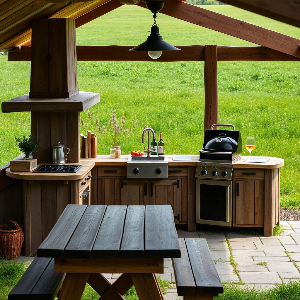 A rustic, farmhouse-inspired outdoor kitchen with weathered, wooden cabinets and a distressed finish, surrounded by a lush, green meadow with a rustic, wooden dining table and a built-in, charcoal grill.
